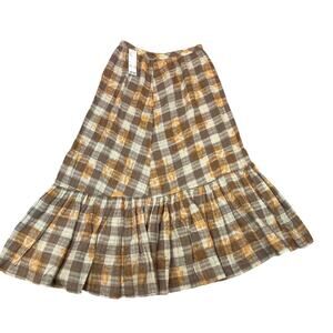 NWT Urban Outfitters Women's Brown Plaid Linen Long Peasant Skirt Floral Med